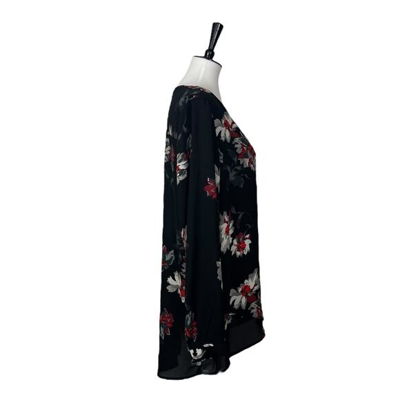 Chelsea & Theodore Tunic Top V-neck Chiffon Black Red Floral Women’s Size XL - Picture 3 of 11